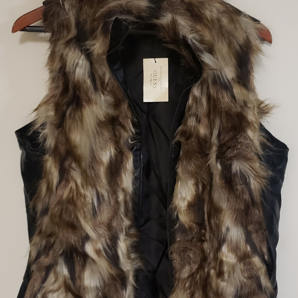 Guess short sleeve leather and fur jacket